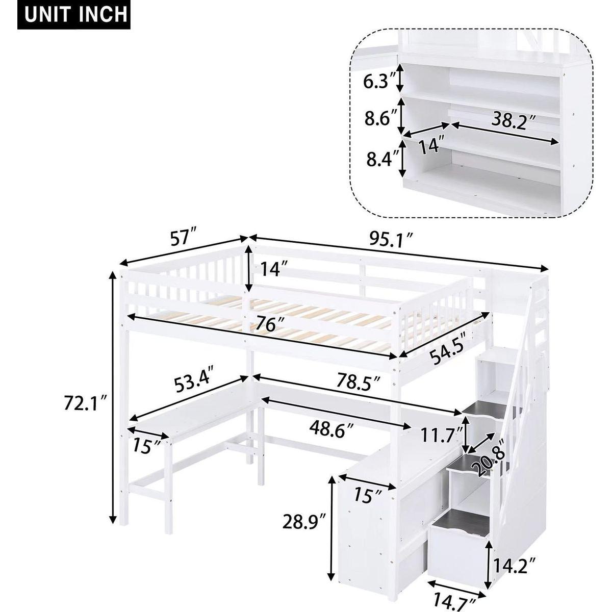 Full Size Loft Bed with Built-in L-Shaped Desk and Three-Tier Storage Shelves,and Attached Storage Staircase, White