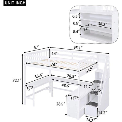 Full Size Loft Bed with Built-in L-Shaped Desk and Three-Tier Storage Shelves,and Attached Storage Staircase, White