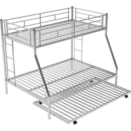 Twin over Full Bed with Sturdy Steel Frame, Bunk Bed with Twin Size Trundle, Two-Side Ladders, Silver