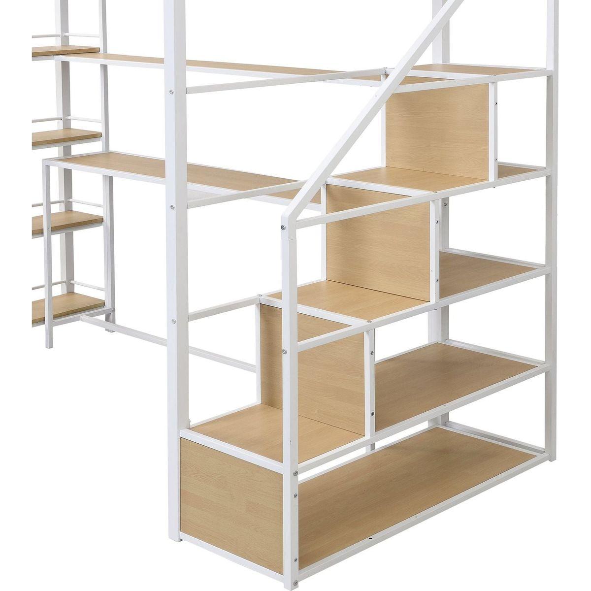 Twin Size Metal Loft bed with Staircase, Built-in Desk and Storage Shelves, White