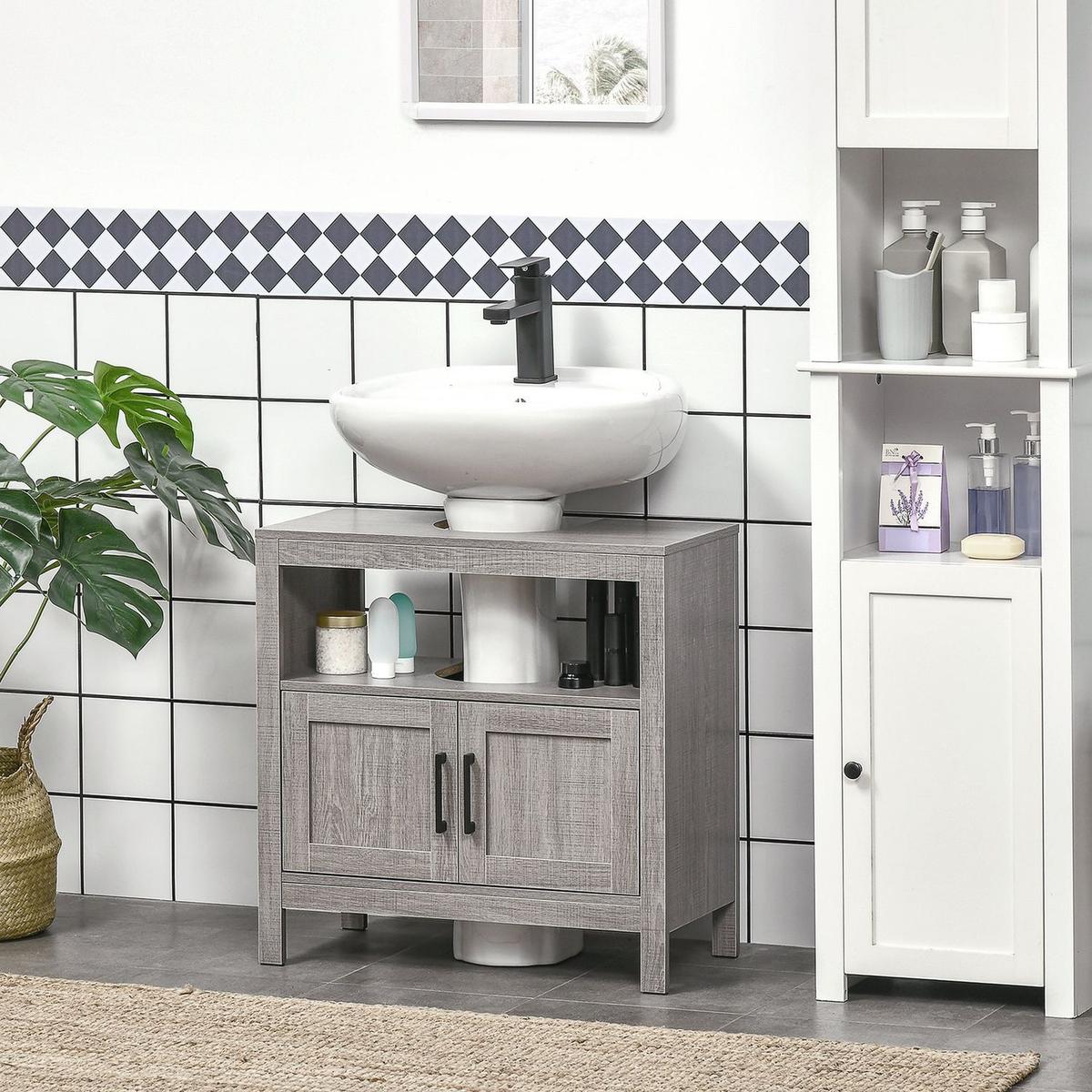 kleankin Pedestal Sink Storage Cabinet, Bathroom Under Sink Cabinet with 2 Doors and Open Shelf, Bathroom Vanity, Gray