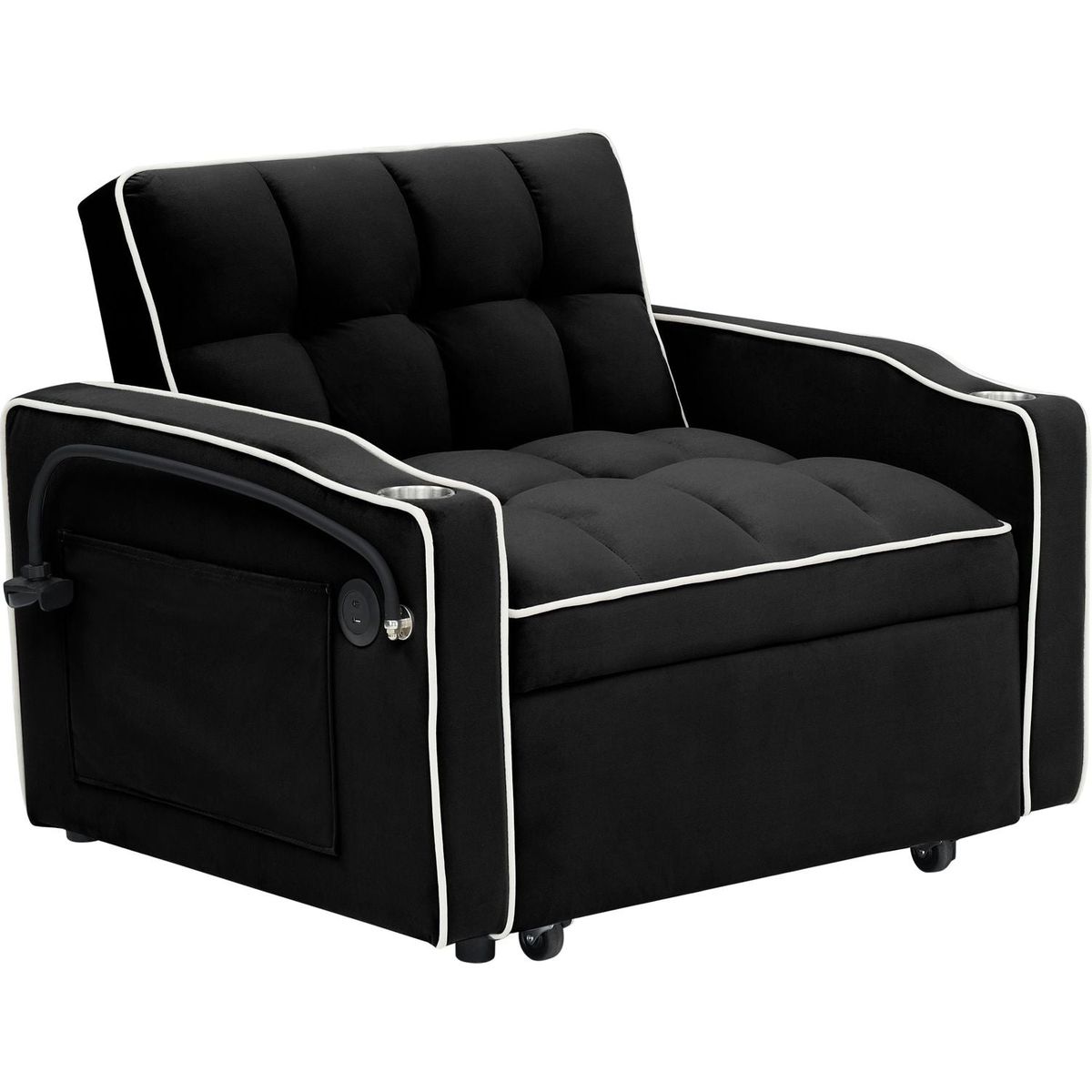 1 versatile foldable sofa bed in 3 lengths, modern sofa sofa sofa velvet pull-out bed, adjustable back and with USB port and ashtray and swivel phone stand black