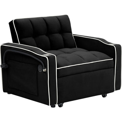 1 versatile foldable sofa bed in 3 lengths, modern sofa sofa sofa velvet pull-out bed, adjustable back and with USB port and ashtray and swivel phone stand black