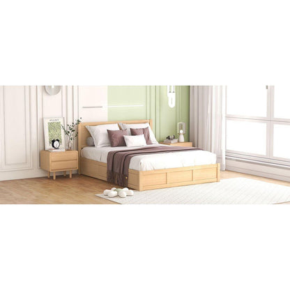 Queen Size Wood Platform Bed with Underneath Storage and 2 Drawers, Wood Color
