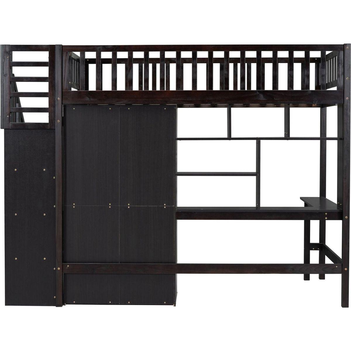 Twin size Loft Bed with Bookshelf,Drawers,Desk,and Wardrobe-Espresso