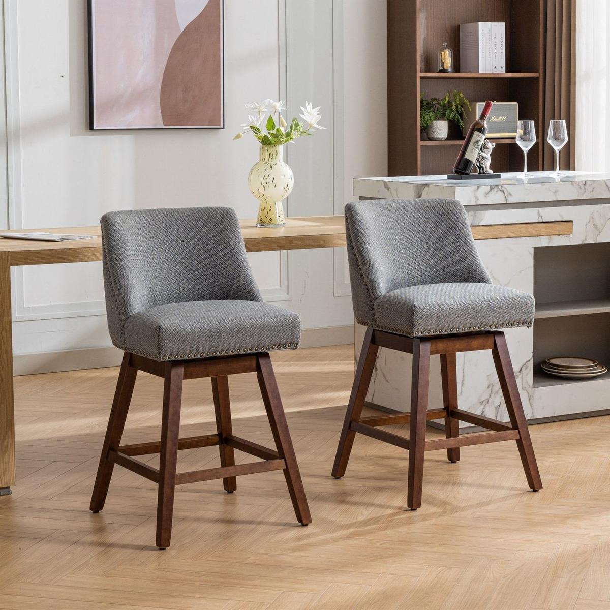 Counter Height Swivel Barstools, 26" H Seat Height Upholstered Bar Stools Set of 2, Fabric in Gray - Streamdale Furniture
