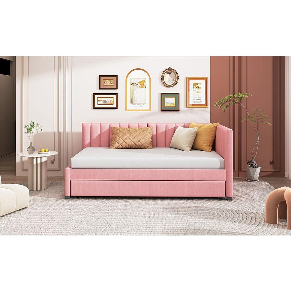 Upholstered Daybed with Trundle Twin Size Sofa Bed Frame No Box Spring Needed, Linen Fabric(Pink)