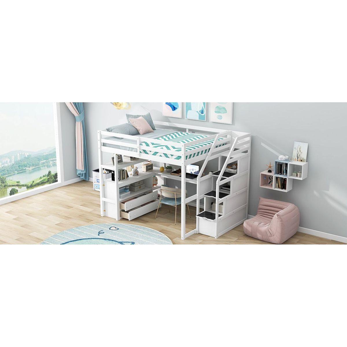 Full Size Loft Bed with Desk and Shelves, Two Built-in Drawers, Storage Staircase, White