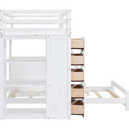 Twin over Twin Bunk Bed with LED Light and USB Ports, White
