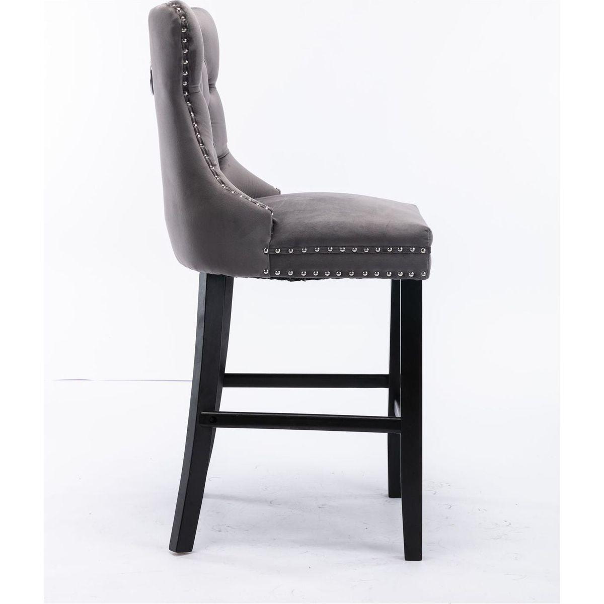 Contemporary Velvet Upholstered Barstools with Button Tufted Decoration and Wooden Legs, and Chrome Nailhead Trim, Leisure Style Bar Chairs,Bar stools, Set of 2 (Gray)