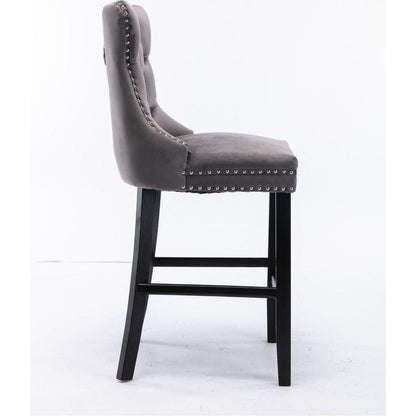 Contemporary Velvet Upholstered Barstools with Button Tufted Decoration and Wooden Legs, and Chrome Nailhead Trim, Leisure Style Bar Chairs,Bar stools, Set of 2 (Gray)