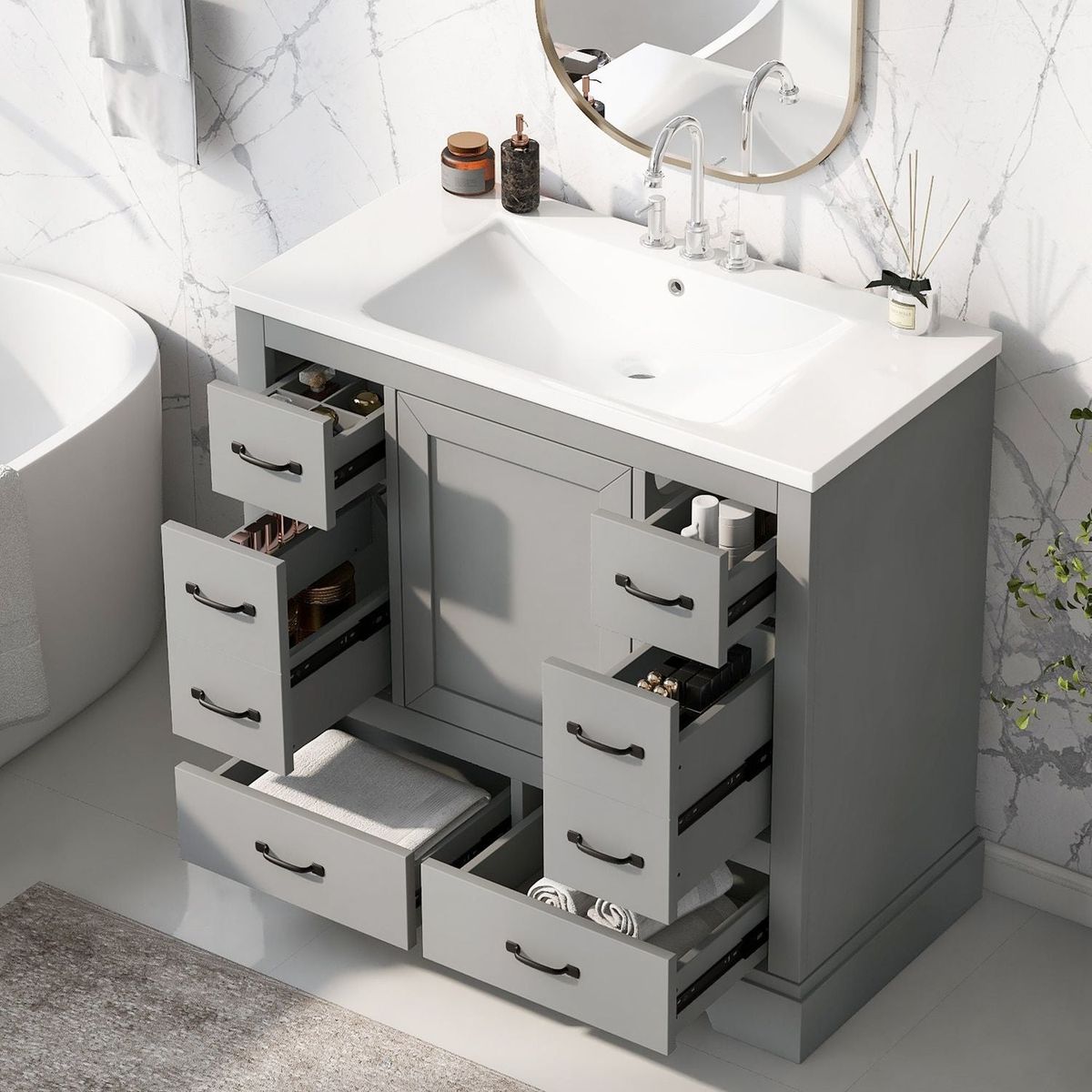 36" Bathroom Vanity with Sink Combo, Six Drawers, Multi-Functional Drawer Divider, Adjustable Shelf, Grey