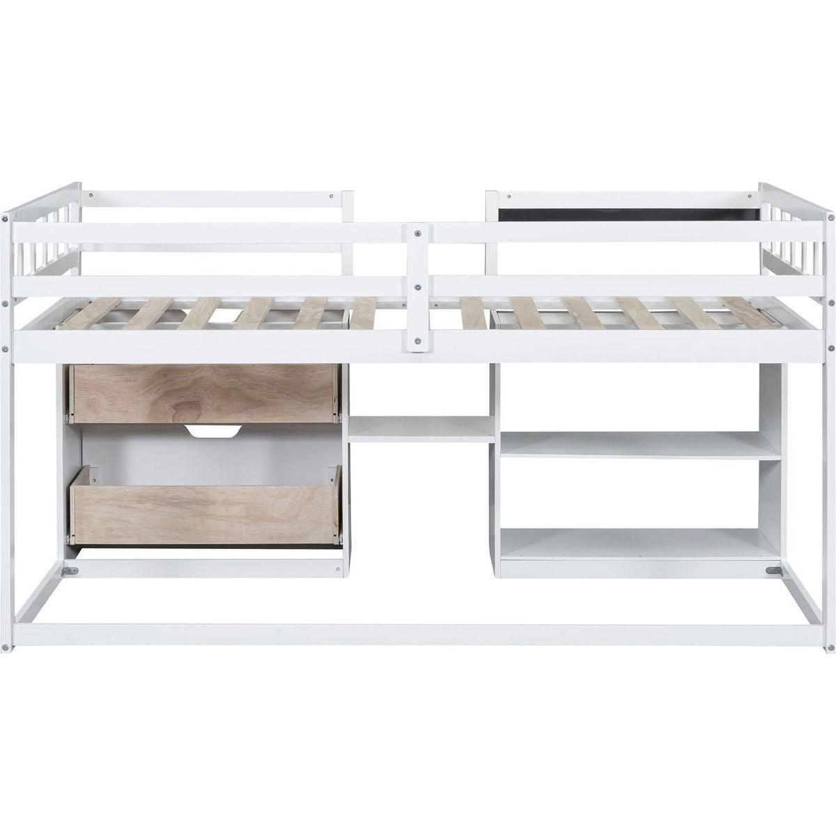 Twin Size Low Loft Bed with Rolling Desk, Shelf and Drawers - White