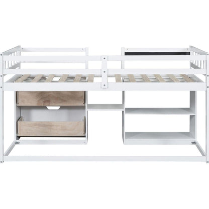 Twin Size Low Loft Bed with Rolling Desk, Shelf and Drawers - White