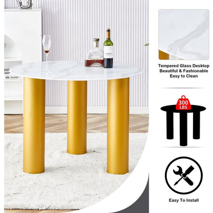 Table and chair set, round table with white marble pattern, gold MDF table legs, soft and comfortable dining chair, suitable for kitchen and living room