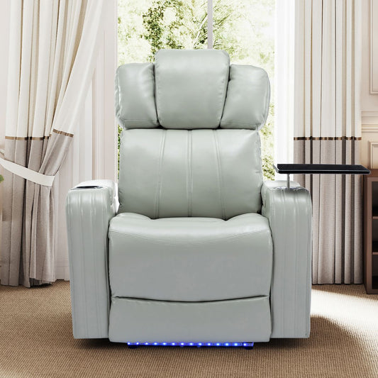 Modern PU Leather Power Recliner with Cooling Cup Holder, Bluetooth Speaker, LED Lights, USB Ports, Tray Table, Arm Storage, Grey