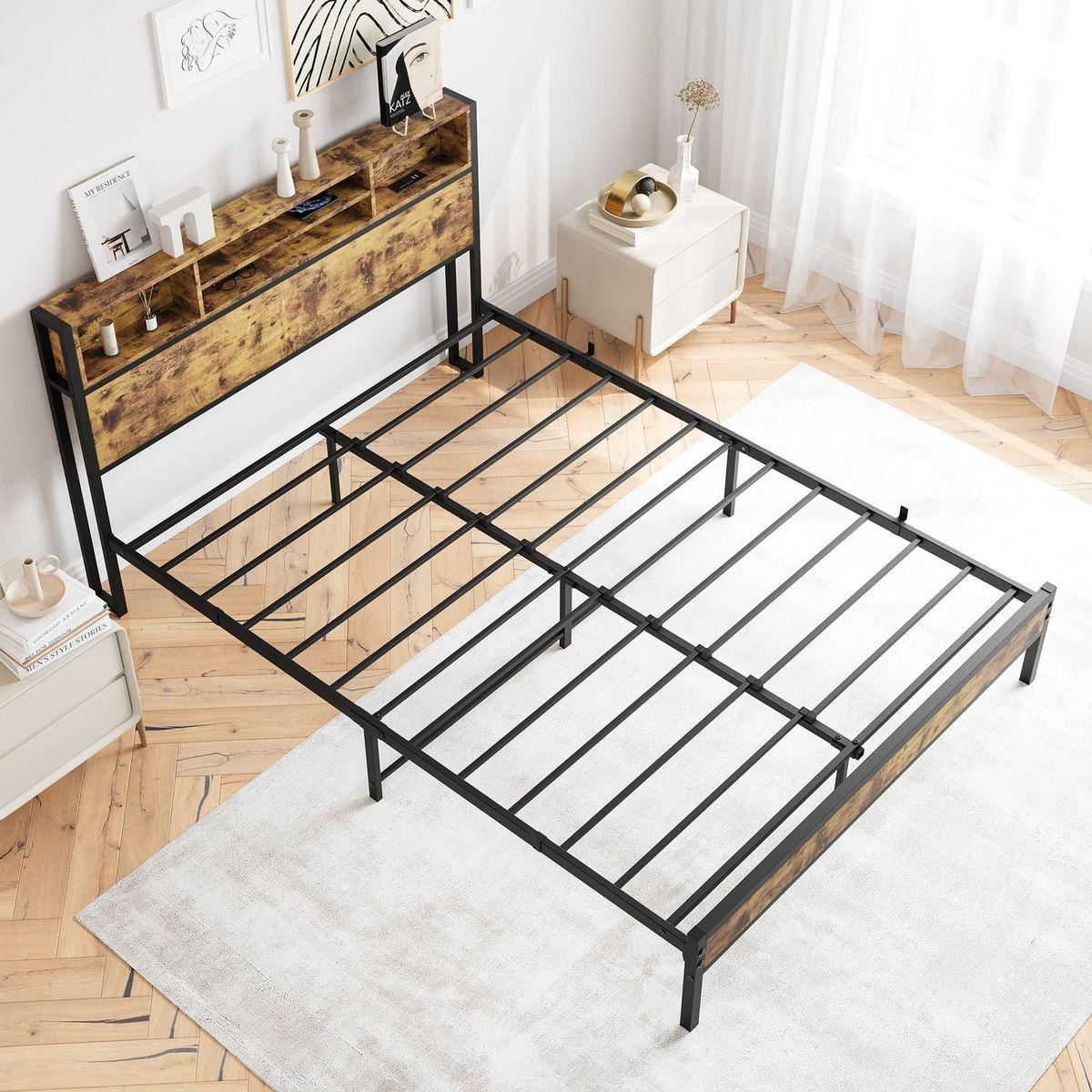 Queen Bed Frame with Storage Headboard, Metal Platform Bed with Charging Station, Bookcase Storage, No Box Spring Needed, Easy Assembly, Noise-Free, Black