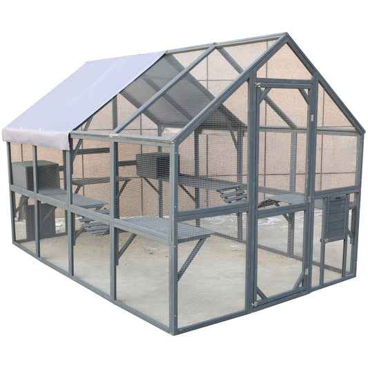 Spacious Wooden Cat Catio Outdoor Kitty House with Bridges and Roof Cover in Gray, 110 Inch
