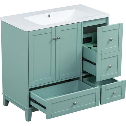 36 Inch Modern Bathroom Vanity with USB Charging, Two Doors and Three Drawers Bathroom Storage Vanity Cabinet, Small Bathroom Vanity cabinet with single sink, Green - Faucets Not Included