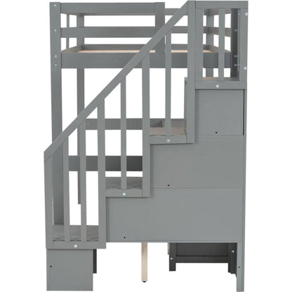 Twin Size Loft Bed Frame with Built-in Desk and Double Storage Drawers,Gray