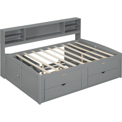 Full Size Wood Daybed with 2 Bedside Cabinets, Upper Shelves and 4 Drawers, Gray