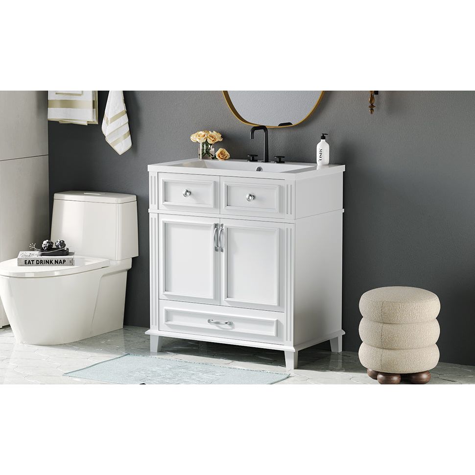 30" Bathroom Vanity with Resin Sink, Solid Wood Frame Bathroom Storage Cabinet with Soft Closing Doors, Retro Style, White