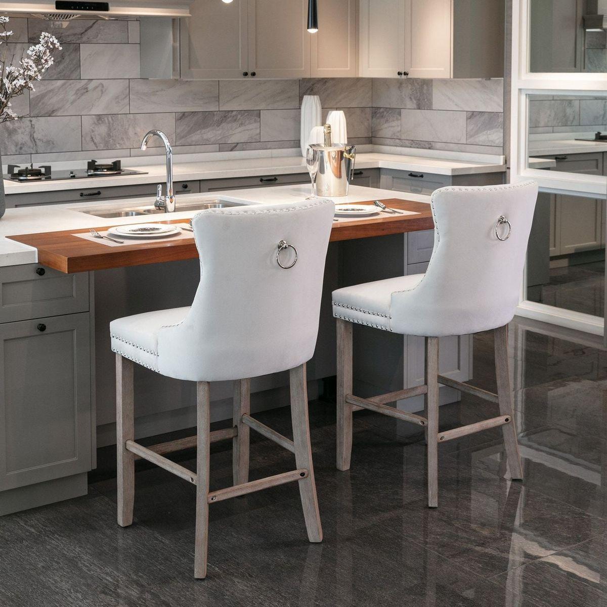 Contemporary Velvet Upholstered Barstools with Button Tufted Decoration and Wooden Legs, and Chrome Nailhead Trim, Leisure Style Bar Chairs,Bar stools, Set of 2 (Beige)