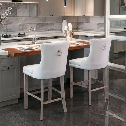 Contemporary Velvet Upholstered Barstools with Button Tufted Decoration and Wooden Legs, and Chrome Nailhead Trim, Leisure Style Bar Chairs,Bar stools, Set of 2 (Beige)