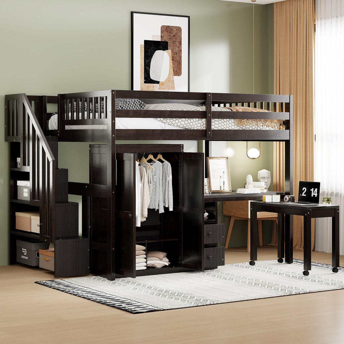 Full Size Loft Bed with Stairs, Bookshelf, Drawers, Desk & Wardrobe – Space-Saving Multifunctional Furniture for Kids & Teens-Espresso