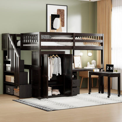 Full Size Loft Bed with Stairs, Bookshelf, Drawers, Desk & Wardrobe – Space-Saving Multifunctional Furniture for Kids & Teens-Espresso