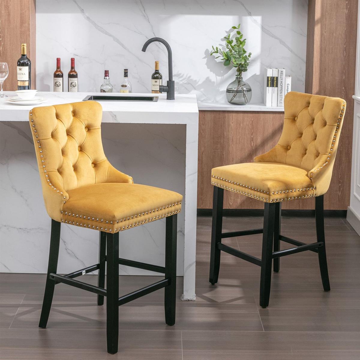 Contemporary Velvet Upholstered Barstools with Button Tufted Decoration and Wooden Legs, and Chrome Nailhead Trim, Leisure Style Bar Chairs,Bar stools, Set of 2 (Golden)