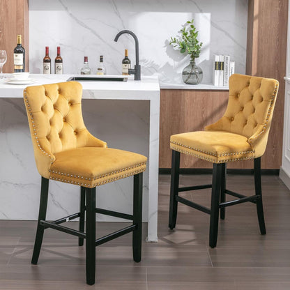 Contemporary Velvet Upholstered Barstools with Button Tufted Decoration and Wooden Legs, and Chrome Nailhead Trim, Leisure Style Bar Chairs,Bar stools, Set of 2 (Golden)
