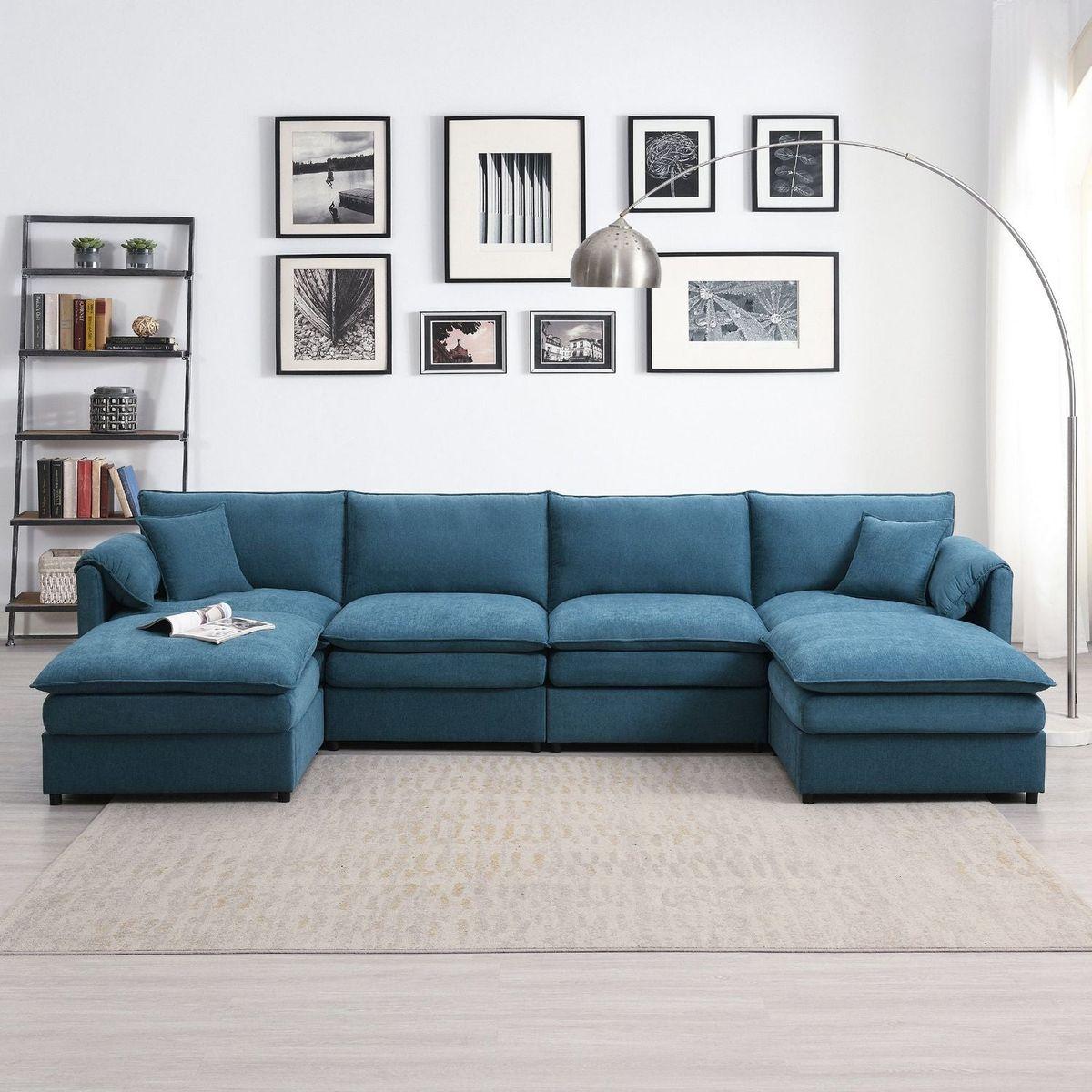 134x66" Chenille Modular Sectional Sofa,U Shaped Cloud Couch Set with Double Cushions, 6 Seat Sleeper Sofa Bed with Ottomans,Oversized Indoor Furniture for Living Room, 3 Colors