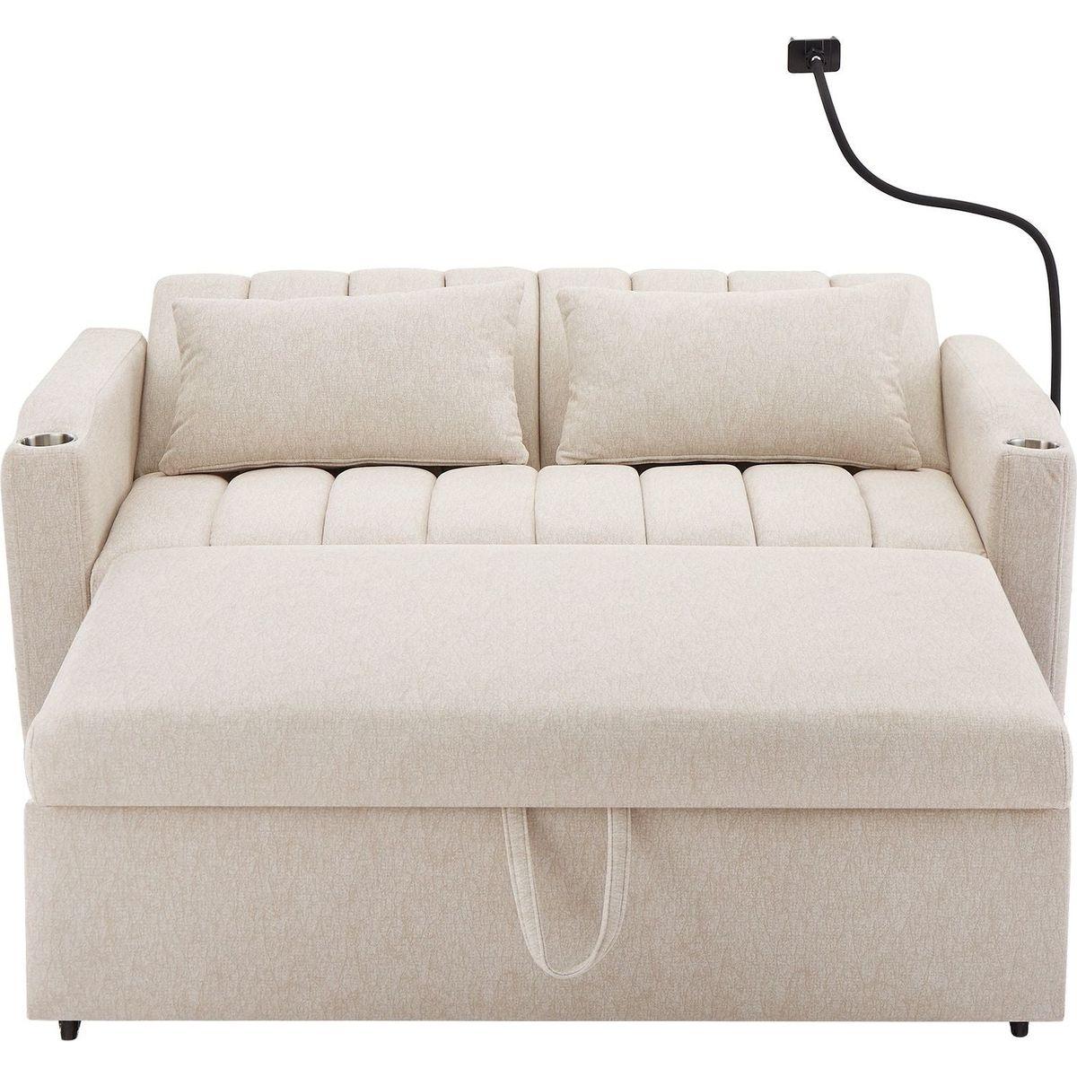 55.9" Convertible Sofa Bed Loveseat Sofa with Three USB Ports, Two Side Pockets, Two Cup Holders and 360Swivel Phone Holder for Living Room, Beige