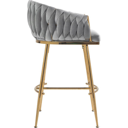 26" Counter height bar stools Set of 2,velvet kitchen island counter bar stool with hand- wave back,golden chromed base and foot rest(GREY)