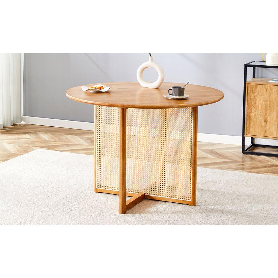 Chinese countryside retro solid wood round table, simple modern imitation rattan table, wooden table, desk. Suitable for dining room, living room, office