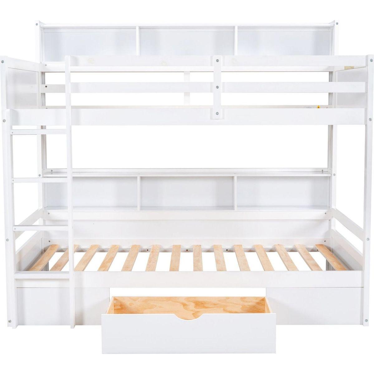 Twin Size Bunk Bed with Built-in Shelves Beside both Upper and Down Bed and Storage Drawer,White