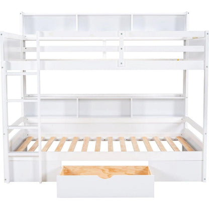 Twin Size Bunk Bed with Built-in Shelves Beside both Upper and Down Bed and Storage Drawer,White