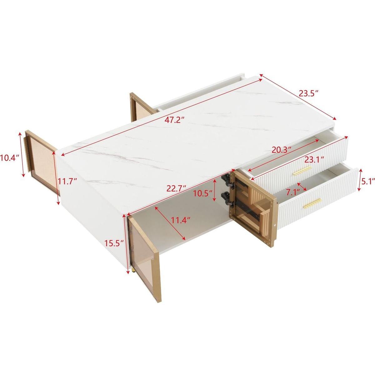 Modern White Coffee Table with 2 Glass Door Storage, 4 Drawers, Gold Metal Legs, and Multi-Color Lighting in 47.2"