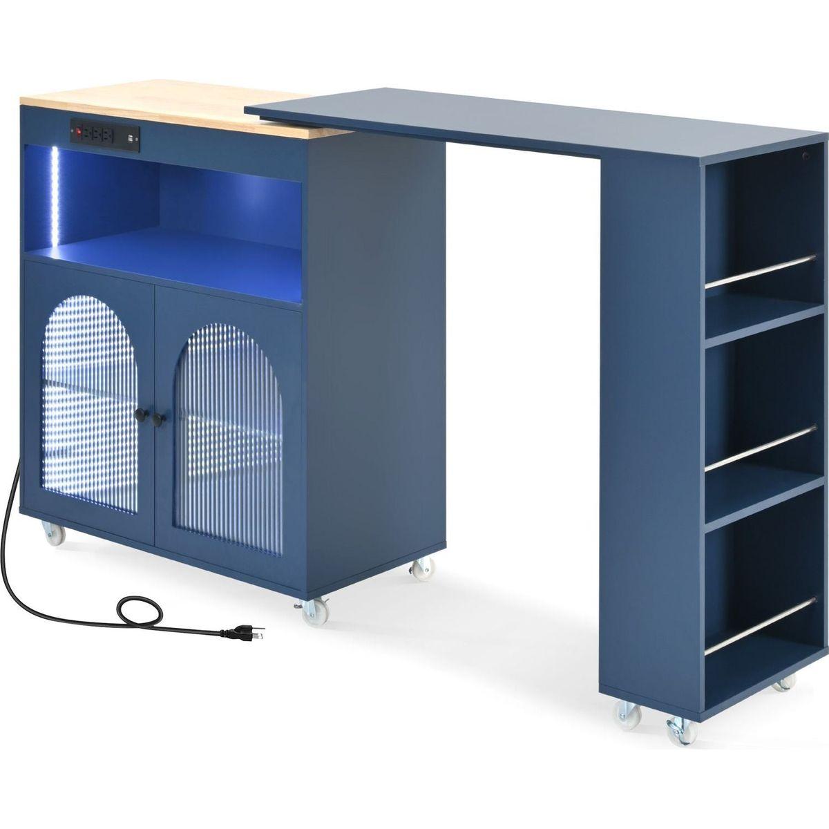 Rolling Kitchen Island With Movable Extended Table, Kitchen Cabinet on Wheels with Power Outlets and 2 Fluted Glass Doors, Kitchen Island with a Storage Compartment and Side 3 Open Shelves, Navy