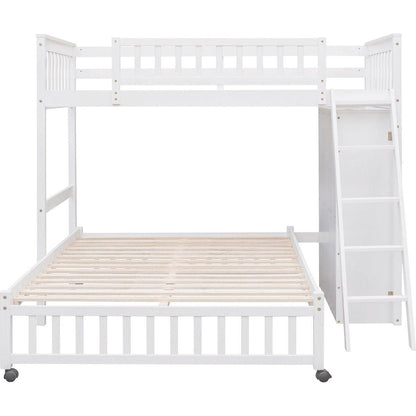 Wooden Twin Over Full Bunk Bed With Six Drawers And Flexible Shelves,Bottom Bed With Wheels,White