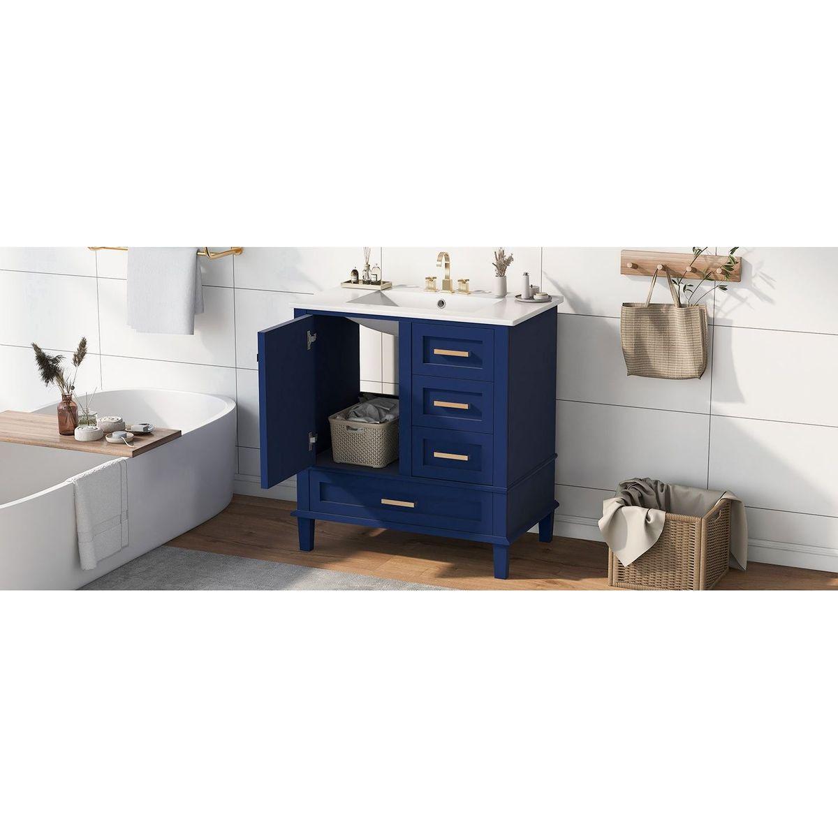 30" Bathroom Vanity, Modern Bathroom Cabinet with Sink Combo Set, Bathroom Storage Cabinet with a Soft Closing Door and 3 Drawers, Solid Wood Frame(Blue)