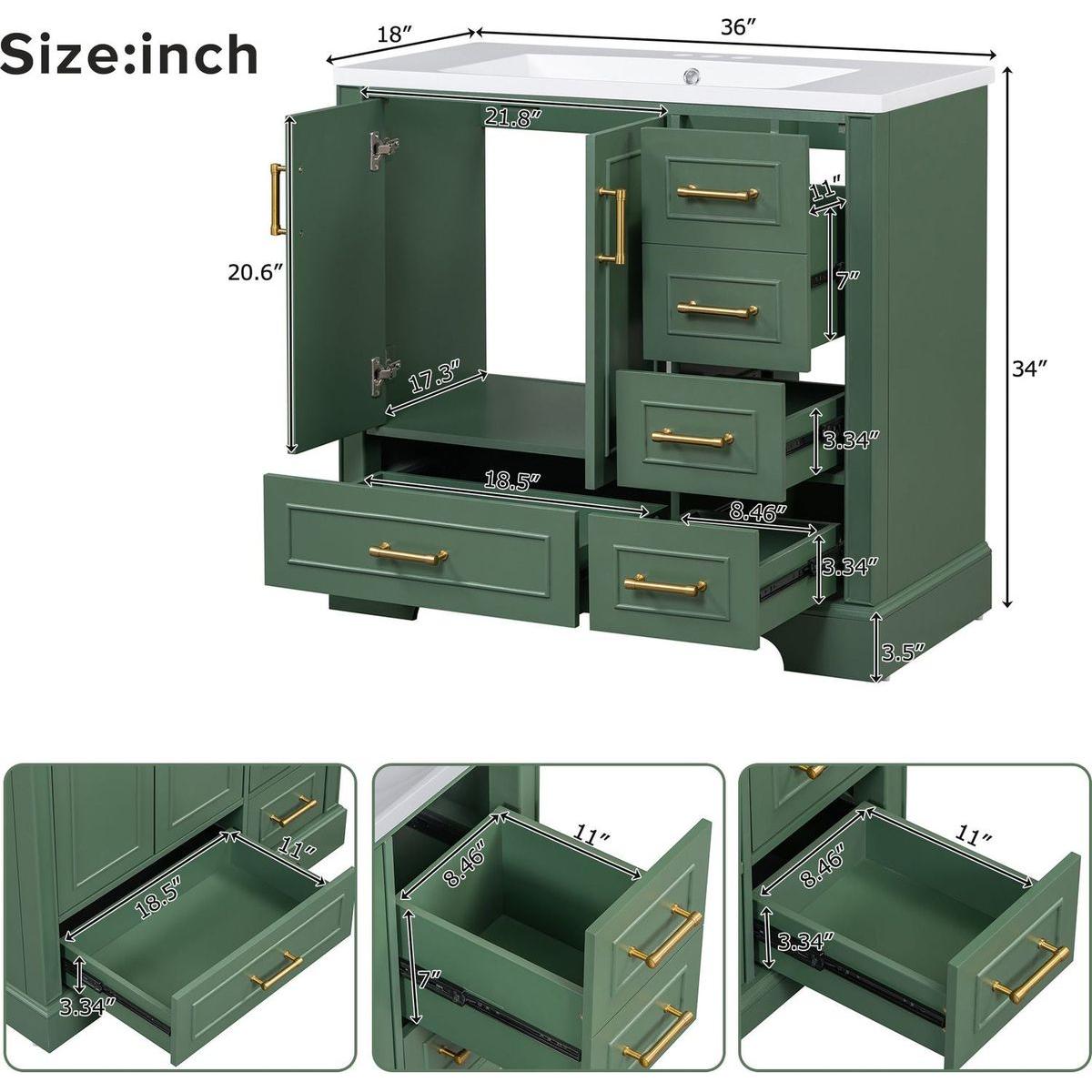 36-inch Traditional Bathroom Vanity with Resin Sink Combo Set, Green Bathroom Cabinet with Two Doors and Four Drawers