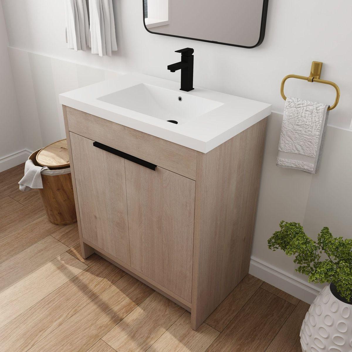 30 Inch Freestanding Bathroom Vanity with White Resin Sink & 2 Soft-Close Cabinet Doors (BVB02430PLO-GRB3040)