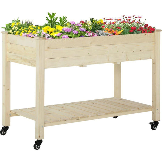 Raised Garden Bed, 47" x 22" x 33", Elevated Wooden Planter Box w/ Lockable Wheels, Storage Shelf, and Bed Liner for Backyard, Patio, Natural