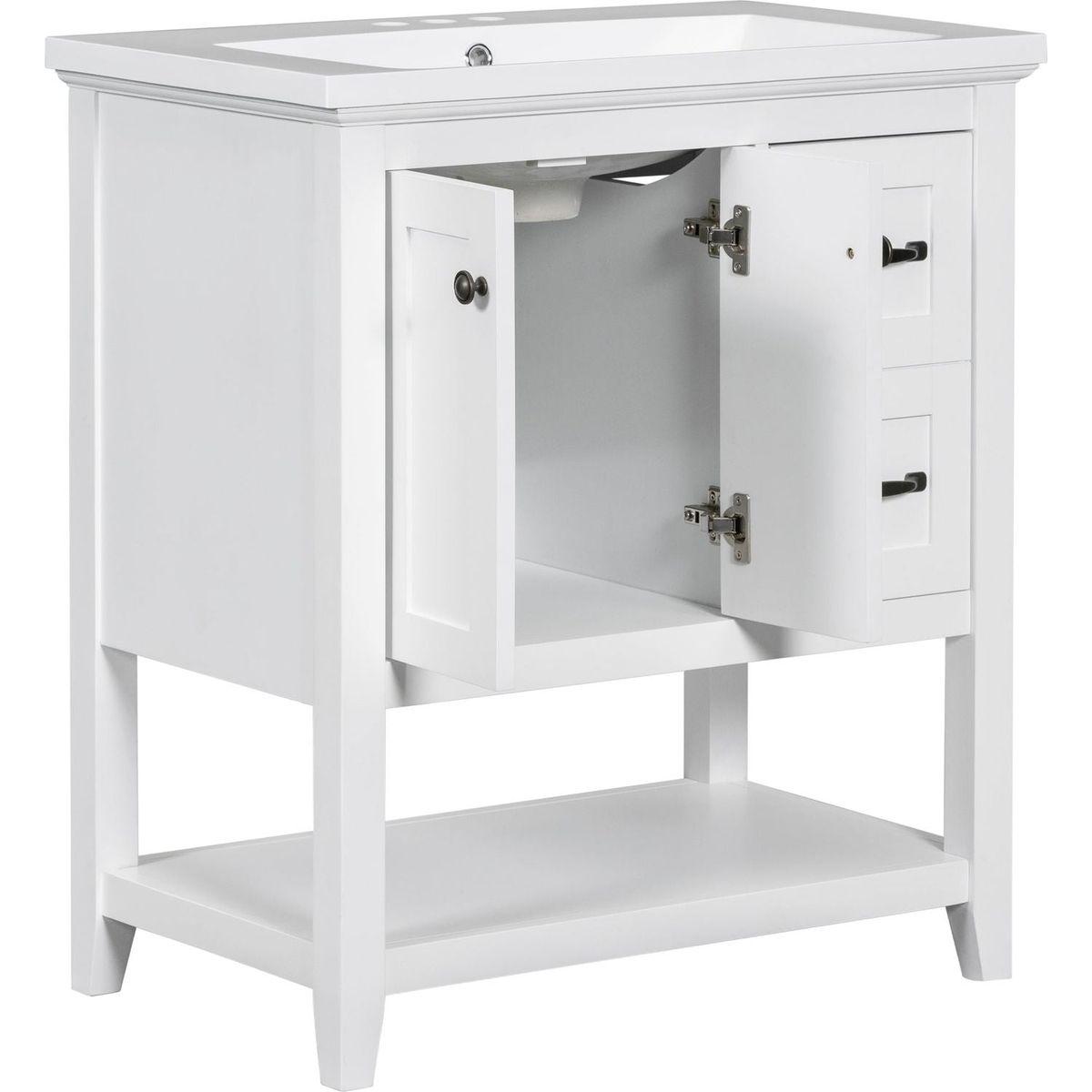 30" Bathroom Vanity with Ceramic Sink Top, Vanity Cabinet with Multi-Functional Drawer, Solid Wood Legs, White