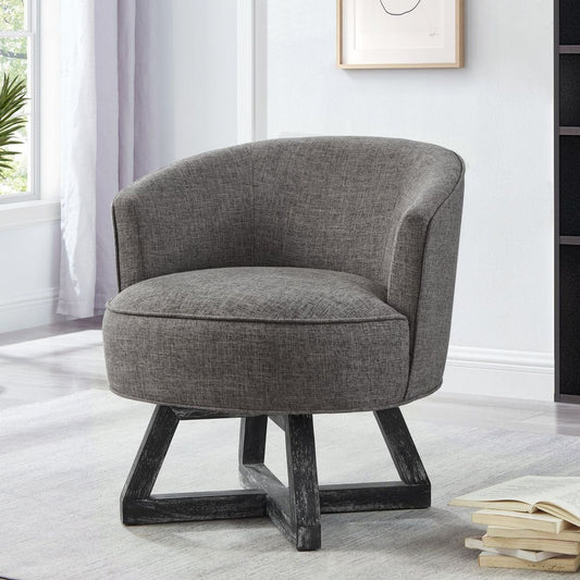 Swivel chair with cross-shaped wooden base,Lounge chair with solid wood legs, 360freely Swivel chair, Classic linen Fabric for living room, bedroom, office, dresser -Dark Gray