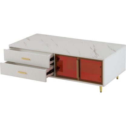 Modern White Coffee Table with 2 Glass Door Storage, 4 Drawers, Gold Metal Legs, and Multi-Color Lighting in 47.2"