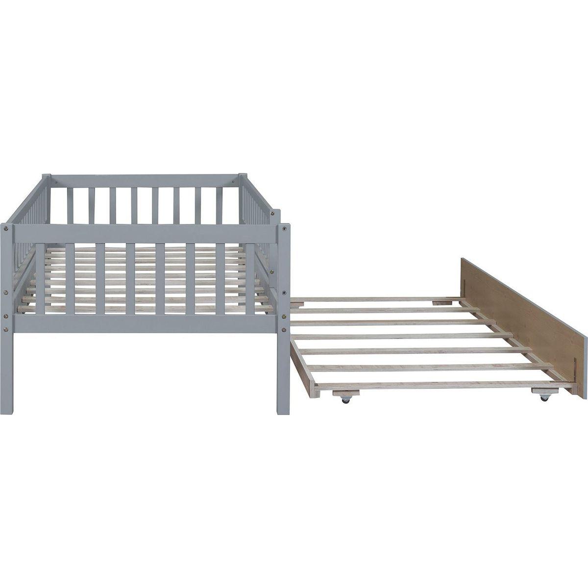 Twin Size Wood Daybed with Trundle and Fence Guardrails, Gray