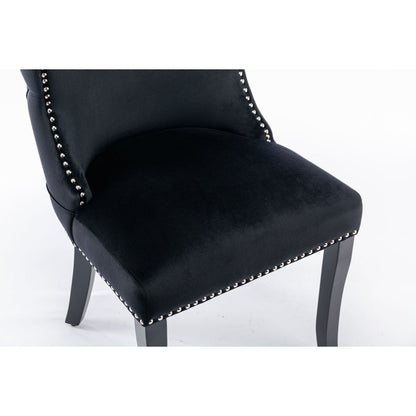 Set of 2 Black Velvet upholstered wing-back dining chair with backstitching nailhead trim and solid wood legs